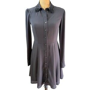 H&M Black Beaded Collar Shirt Dress US 4 Button Front Fit Flare Long Sleeve